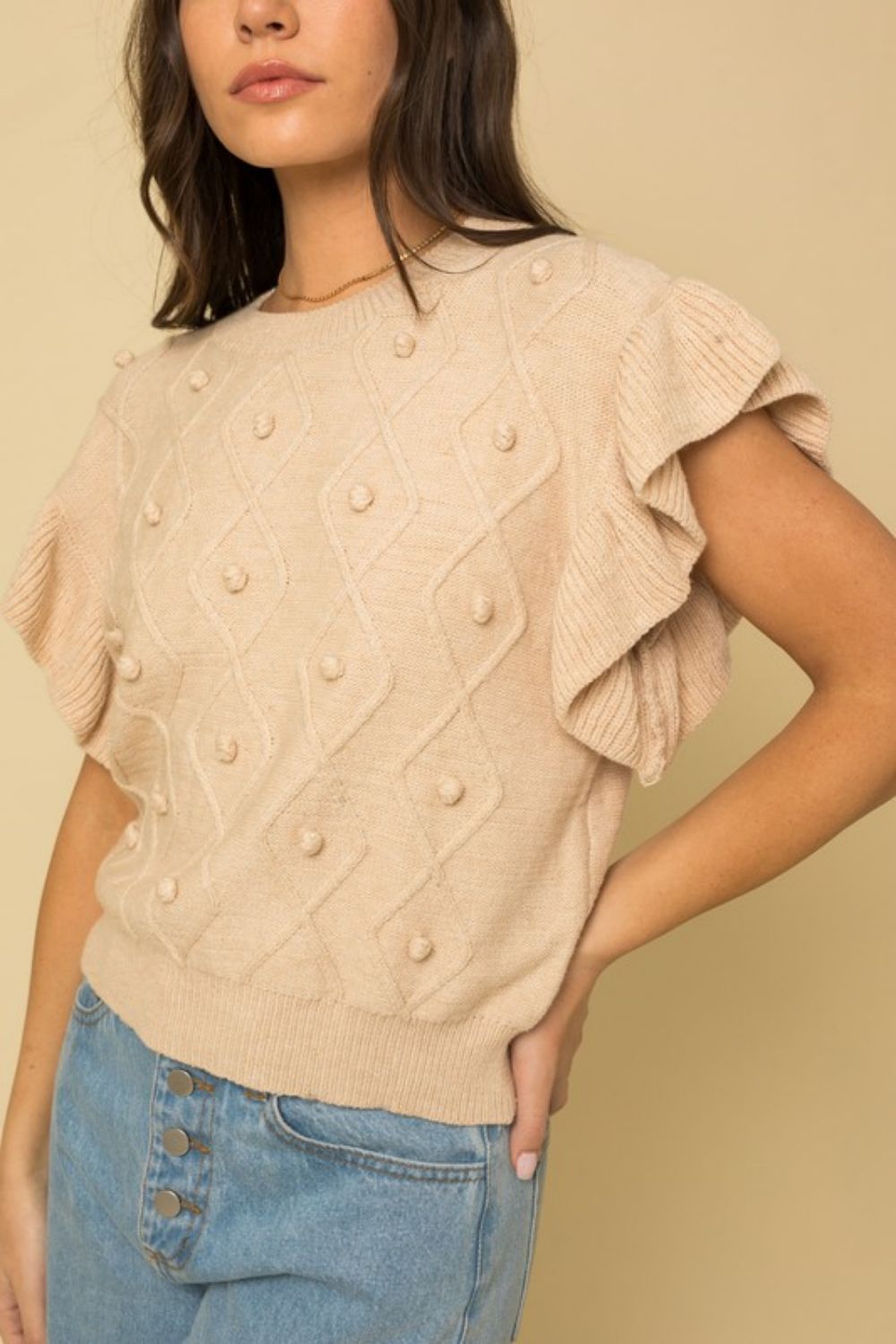 A stylish Pom-Pom Trim Butterfly Sleeve Sweater in a solid color, featuring short butterfly sleeves and a round neckline, perfect for casual wear.