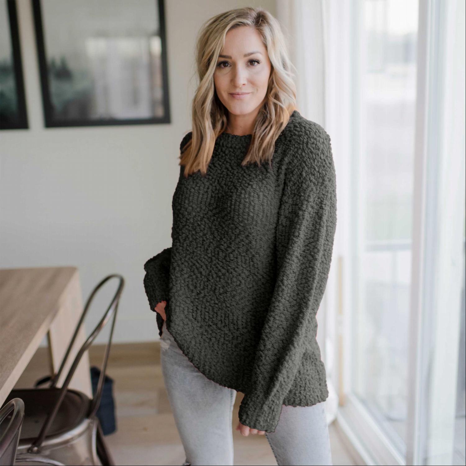 A cozy Popcorn Knit Bubble Sleeve Sweater featuring textured fabric, balloon sleeves, and a scoop neck, perfect for fall fashion.