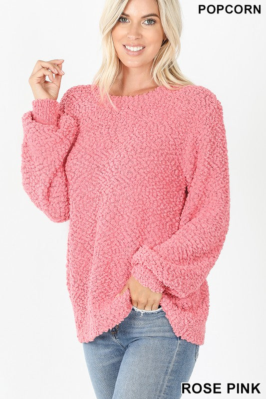 A cozy Popcorn Knit Bubble Sleeve Sweater featuring textured fabric, balloon sleeves, and a scoop neck, perfect for fall fashion.