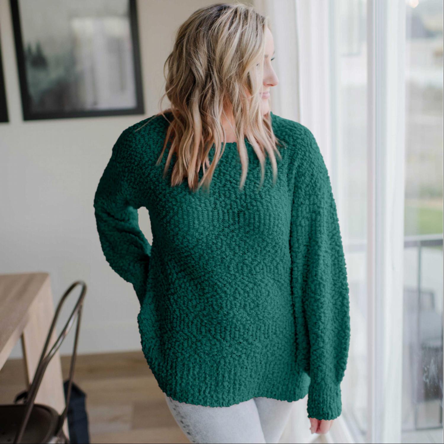 A cozy Popcorn Knit Bubble Sleeve Sweater featuring textured fabric, balloon sleeves, and a scoop neck, perfect for fall fashion.