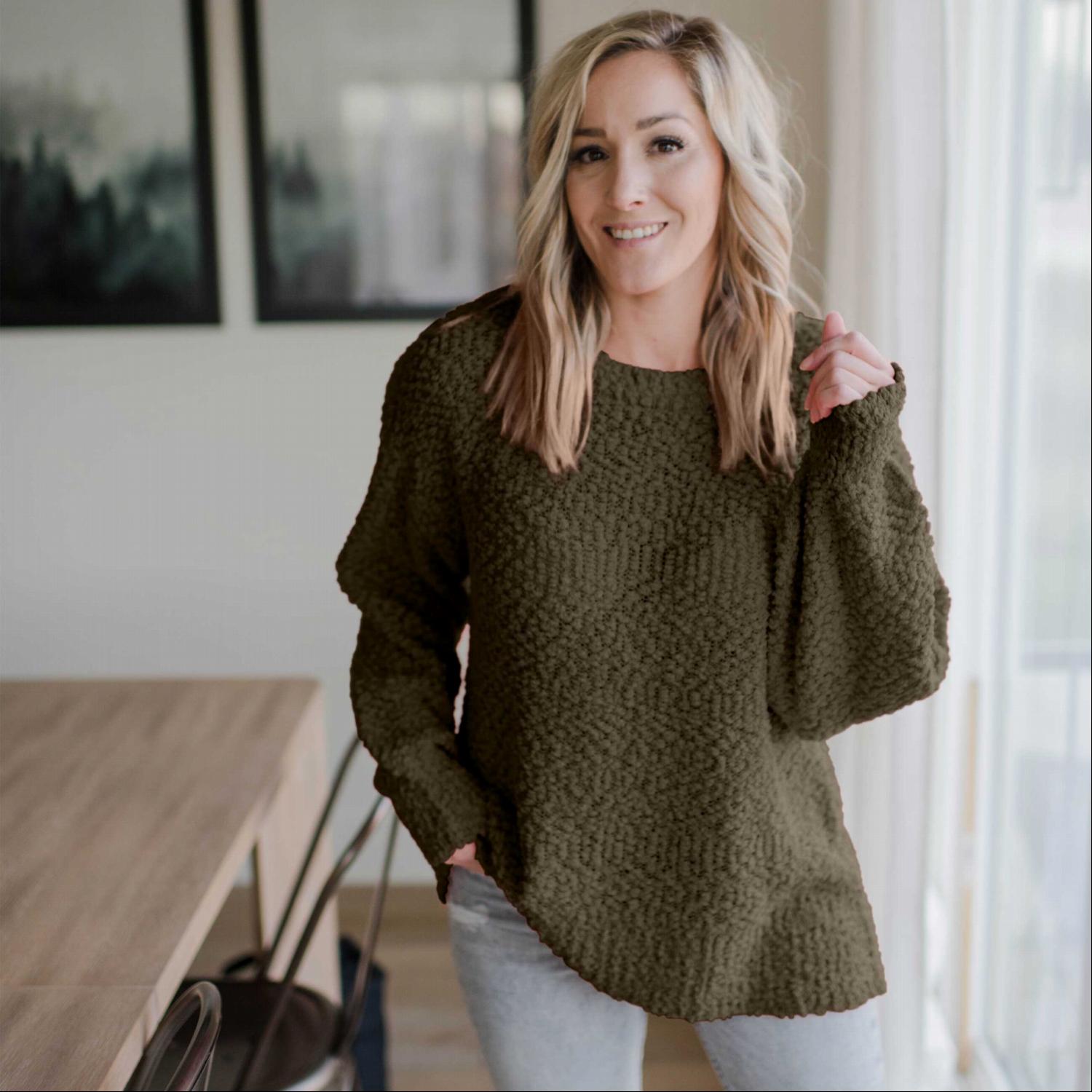 A cozy Popcorn Knit Bubble Sleeve Sweater featuring textured fabric, balloon sleeves, and a scoop neck, perfect for fall fashion.