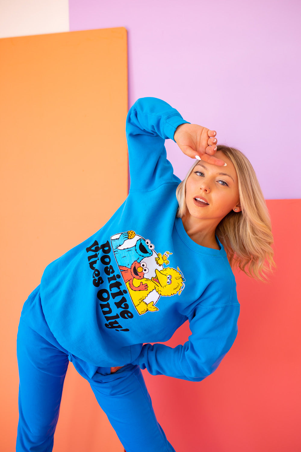 Positive Vibes Sesame Sweatshirt in blue featuring iconic Sesame Street characters, made from 100% upcycled cotton.