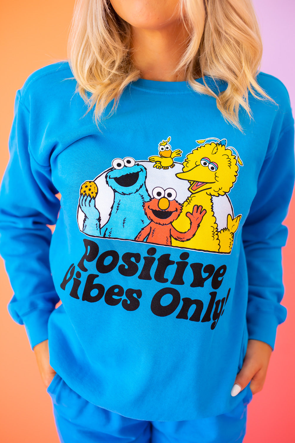 Positive Vibes Sesame Sweatshirt in blue featuring iconic Sesame Street characters, made from 100% upcycled cotton.