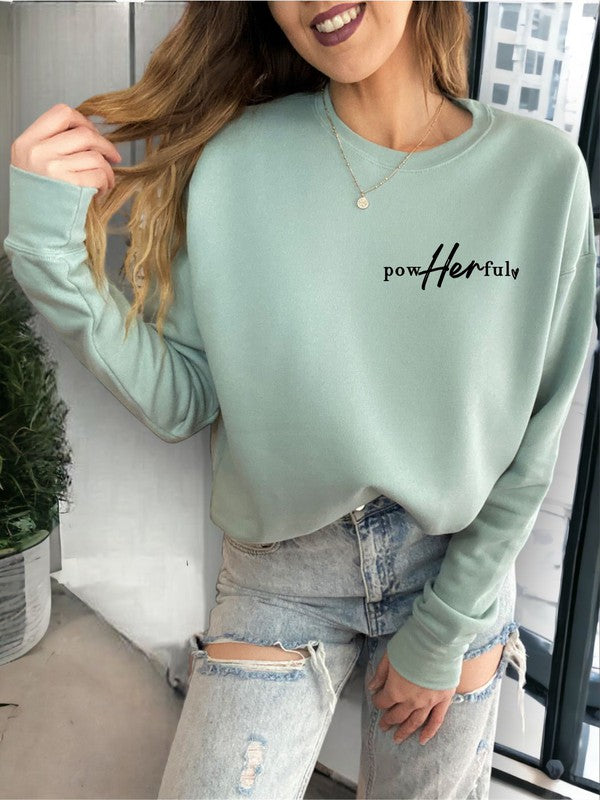 A stylish plus-size sweatshirt featuring the empowering text 'PowHerful' on the front and 'She Overcame Everything That Was Meant to Destroy Her' on the back.