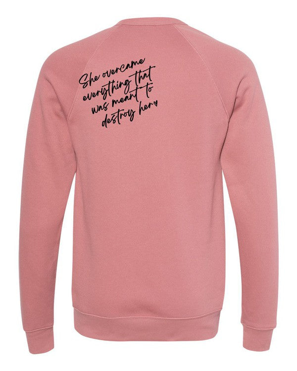 A stylish plus-size sweatshirt featuring the empowering text 'PowHerful' on the front and 'She Overcame Everything That Was Meant to Destroy Her' on the back.