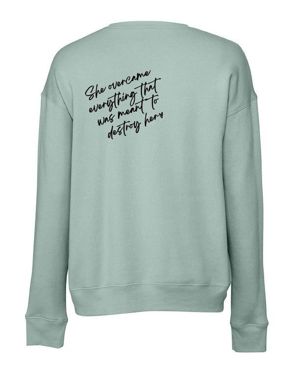 A stylish plus-size sweatshirt featuring the empowering text 'PowHerful' on the front and 'She Overcame Everything That Was Meant to Destroy Her' on the back.