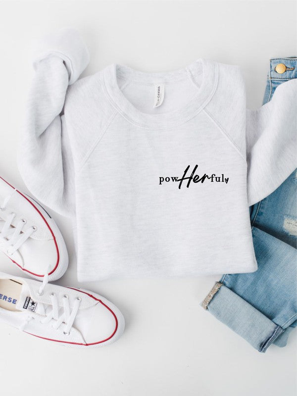 A stylish plus-size sweatshirt featuring the empowering text 'PowHerful' on the front and 'She Overcame Everything That Was Meant to Destroy Her' on the back.