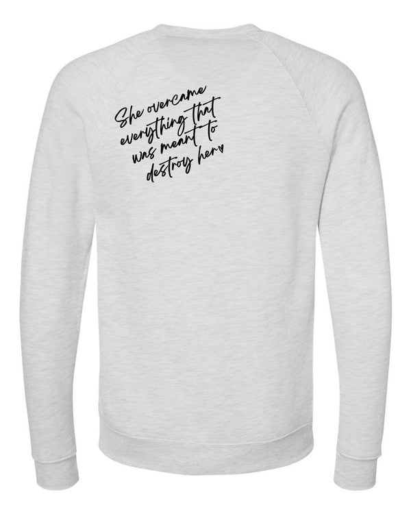 A stylish plus-size sweatshirt featuring the empowering text 'PowHerful' on the front and 'She Overcame Everything That Was Meant to Destroy Her' on the back.