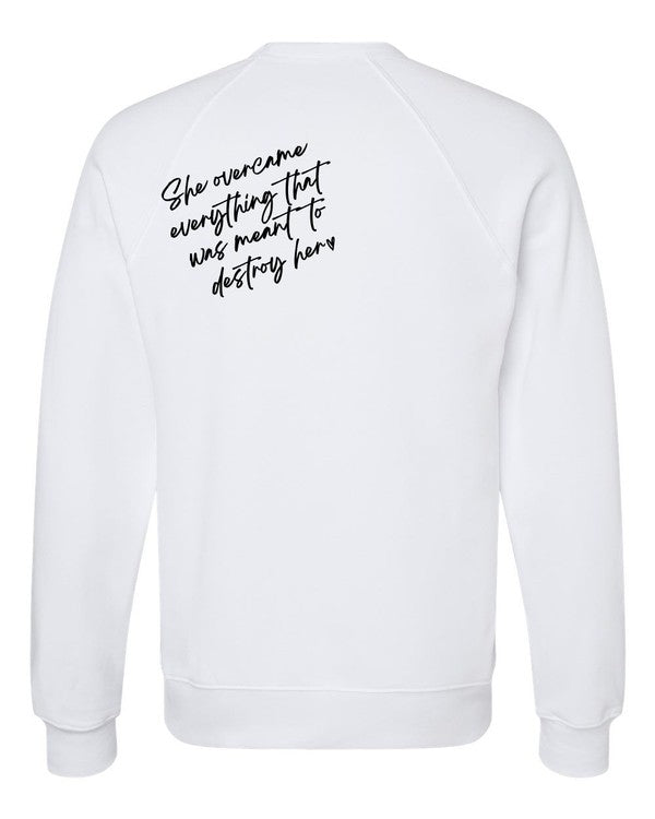 A stylish plus-size sweatshirt featuring the empowering text 'PowHerful' on the front and 'She Overcame Everything That Was Meant to Destroy Her' on the back.