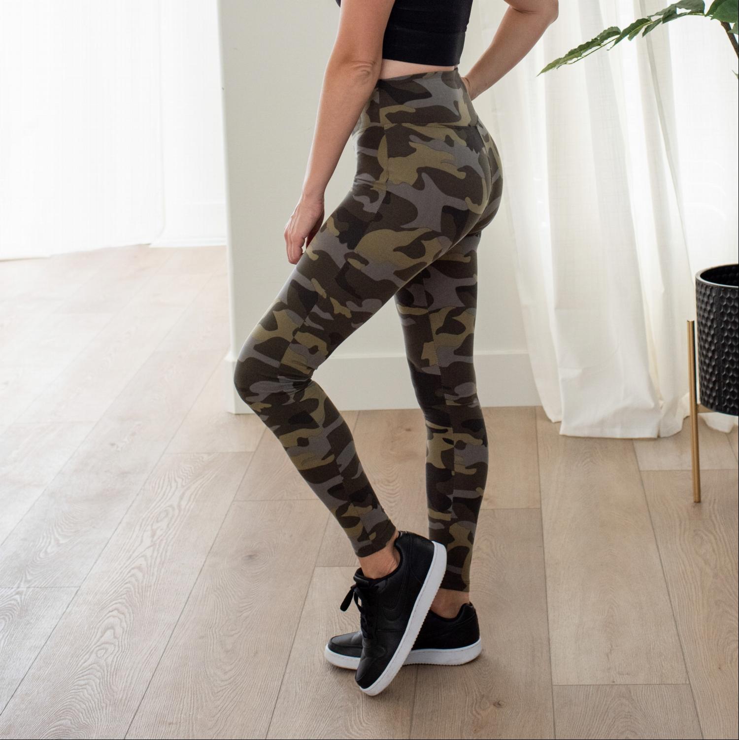 Premium Microfiber Camouflage Leggings featuring a high waist and ankle length, designed for comfort and style.