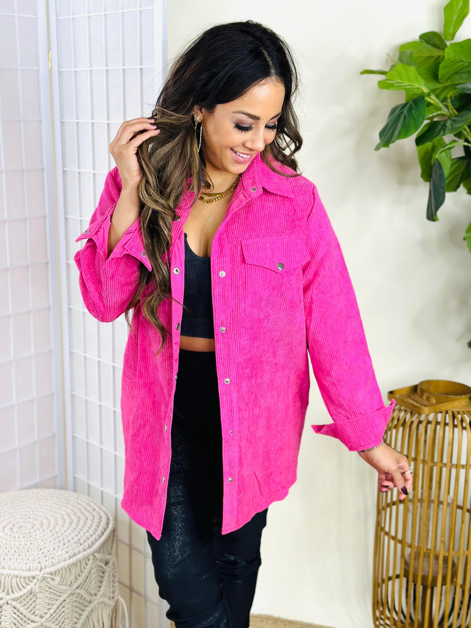 Avery Corduroy Jacket in Hot Pink featuring snap button closures and relaxed fit, perfect for transitional weather.