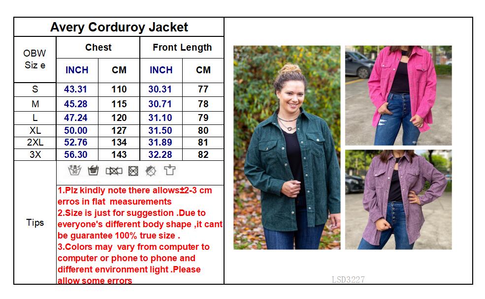 Avery Corduroy Jacket in Hot Pink featuring snap button closures and relaxed fit, perfect for transitional weather.