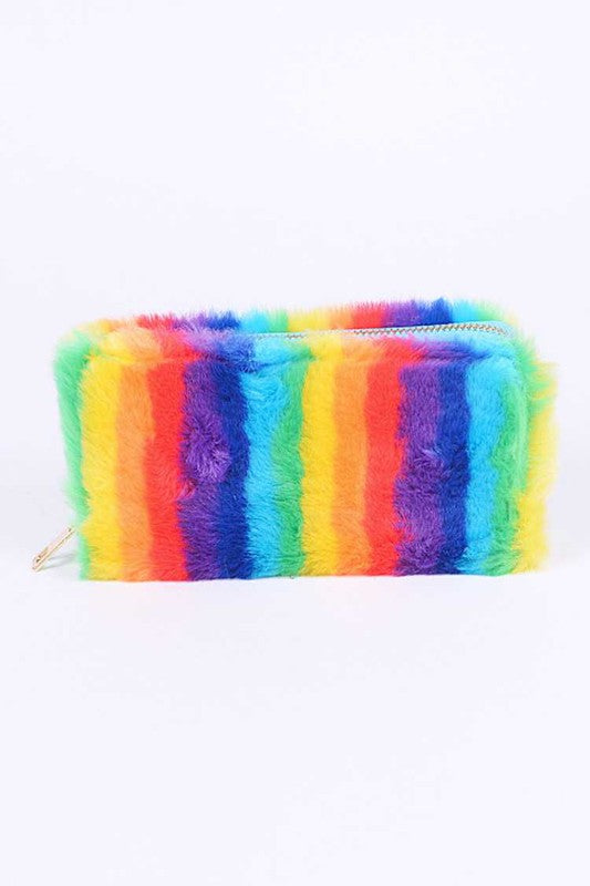 Pride Rainbow Faux Fur Wristlet Wallet featuring vibrant rainbow colors and a removable wristlet strap.