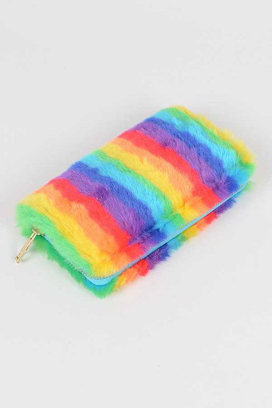 Pride Rainbow Faux Fur Wristlet Wallet featuring vibrant rainbow colors and a removable wristlet strap.