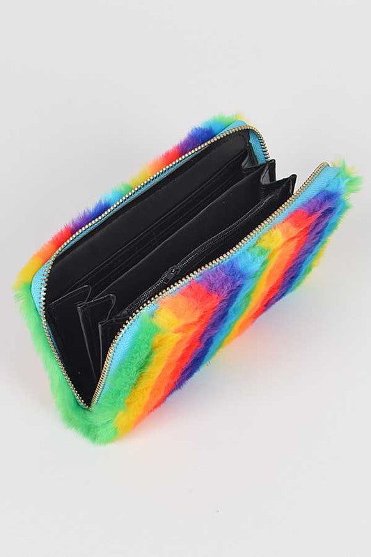 Pride Rainbow Faux Fur Wristlet Wallet featuring vibrant rainbow colors and a removable wristlet strap.