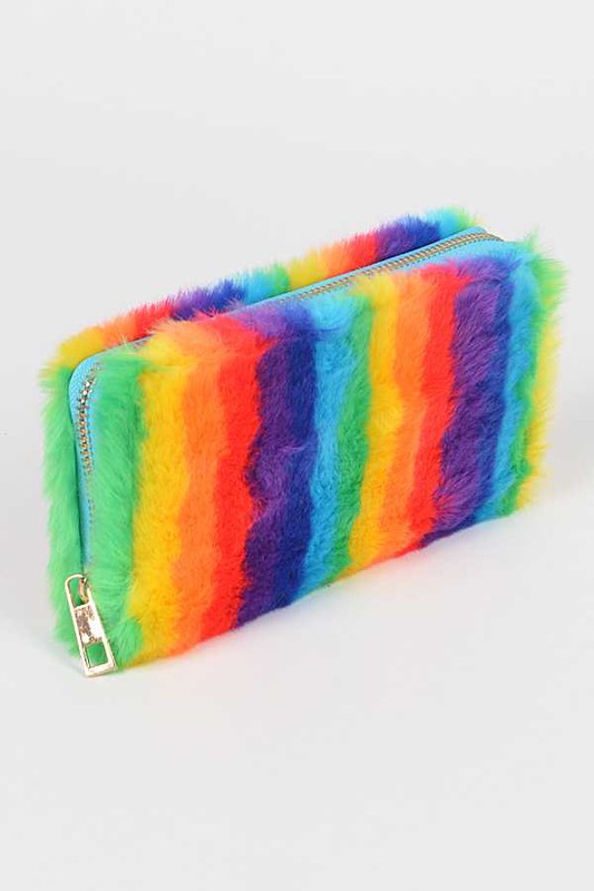 Pride Rainbow Faux Fur Wristlet Wallet featuring vibrant rainbow colors and a removable wristlet strap.