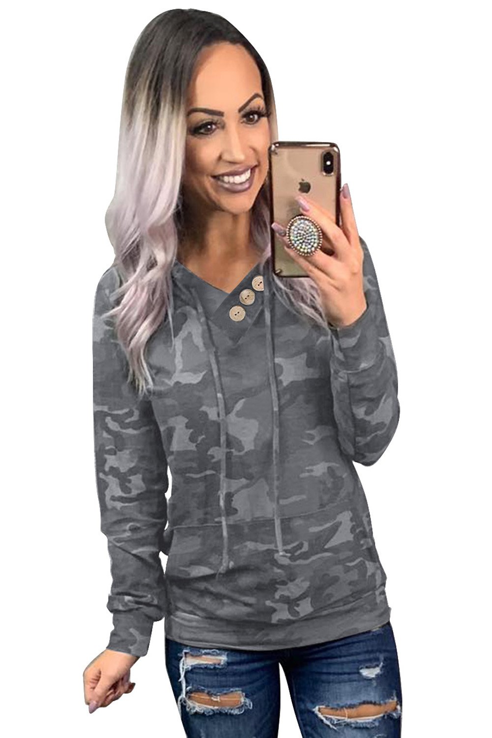 A stylish Print Kangaroo Pocket Hoodie featuring a chic animal print, drawstring hood, and large kangaroo pouch pocket.