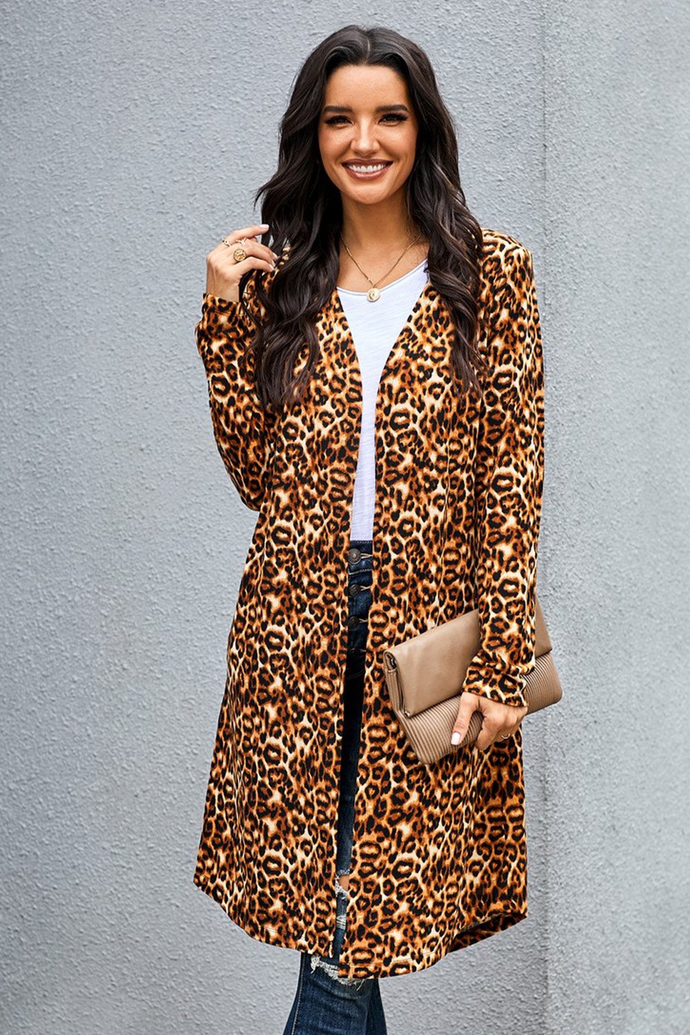 A stylish Print Long Cardigan with long sleeves and a chic all-over print, perfect for casual and work occasions.