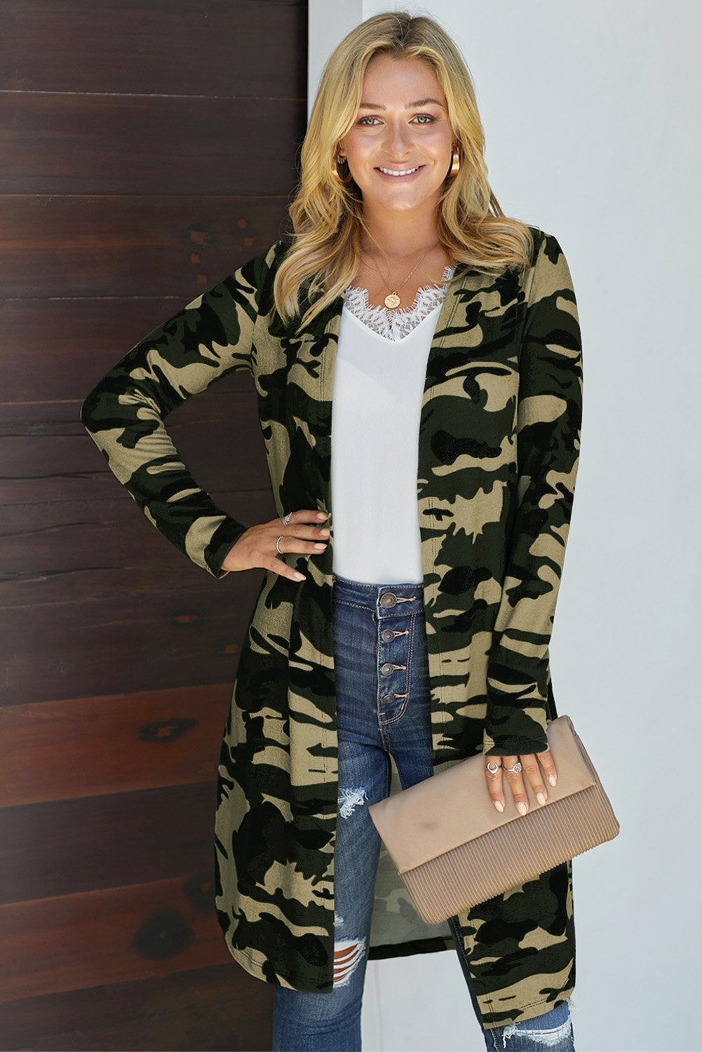 A stylish Print Long Cardigan with long sleeves and a chic all-over print, perfect for casual and work occasions.