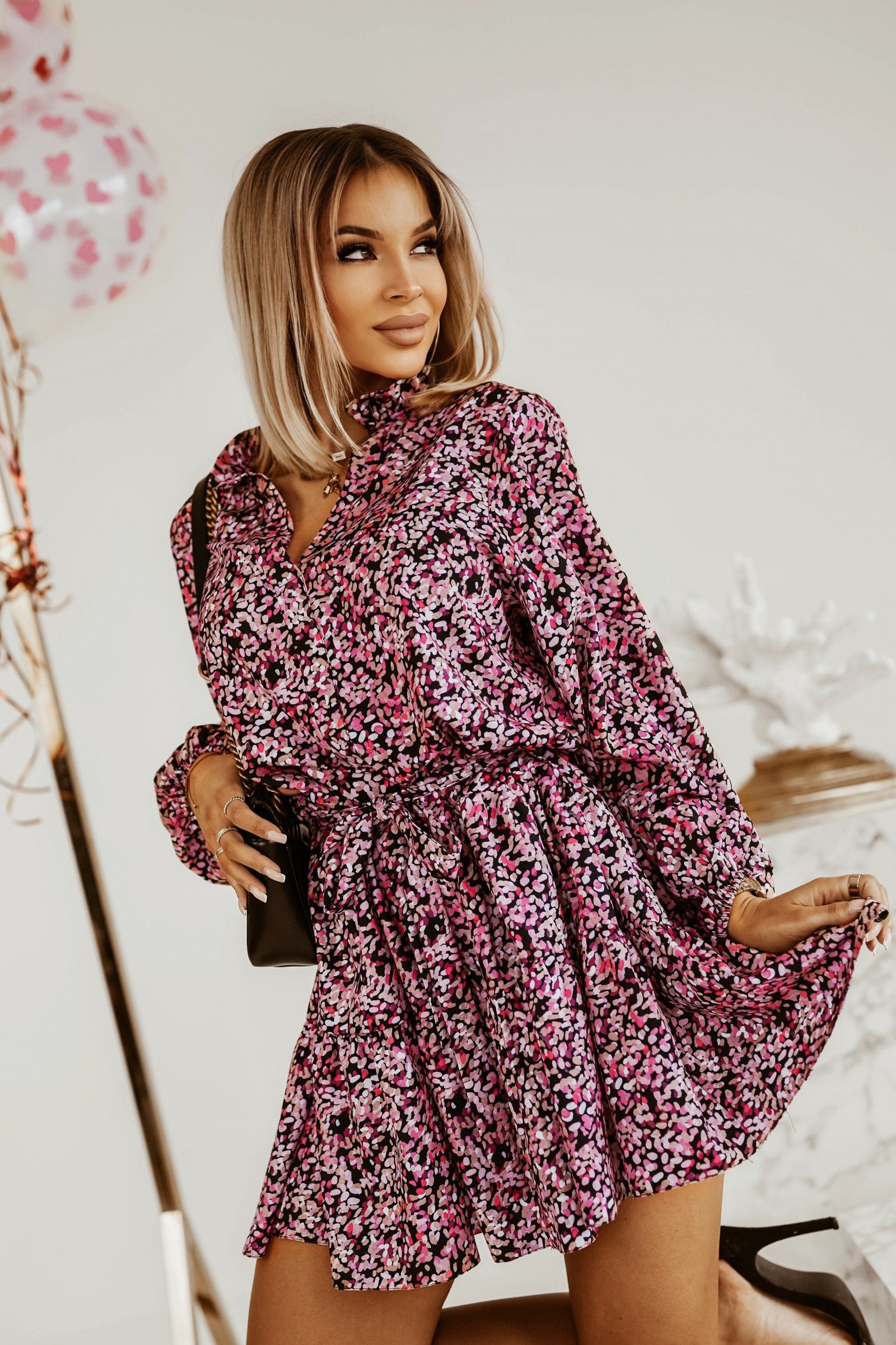 Elegant pink Print Mini Dress Bolsena featuring a button-down collar, long sleeves with elastic, and a decorative belt.