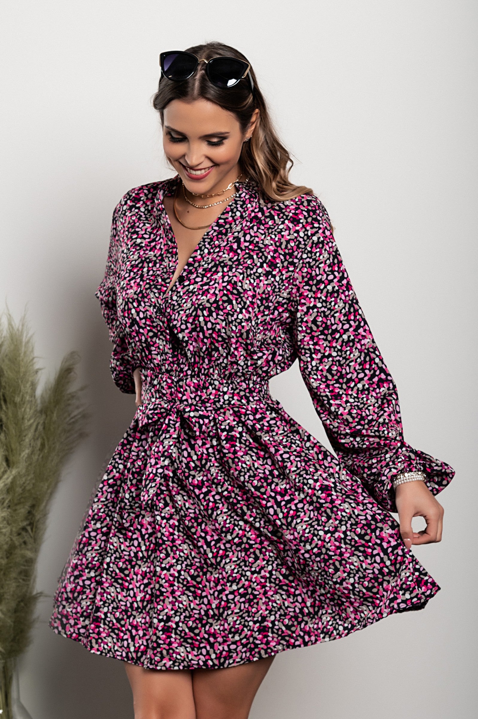 Elegant pink Print Mini Dress Bolsena featuring a button-down collar, long sleeves with elastic, and a decorative belt.