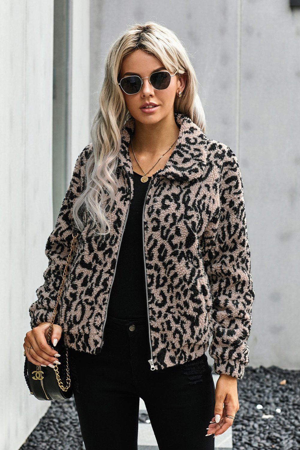 A stylish Print Sherpa Jacket Coat featuring soft sherpa fabric with plaid and leopard prints, open front design, and two side pockets.