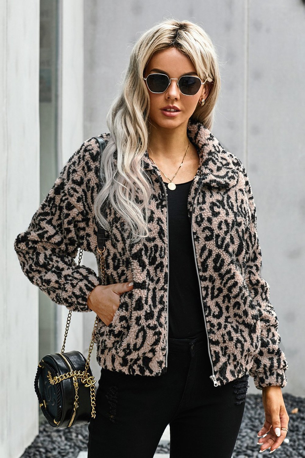 A stylish Print Sherpa Jacket Coat featuring soft sherpa fabric with plaid and leopard prints, open front design, and two side pockets.