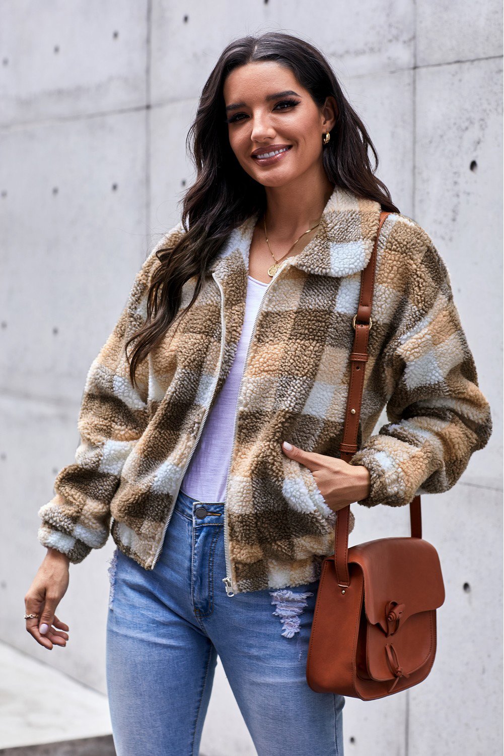 A stylish Print Sherpa Jacket Coat featuring soft sherpa fabric with plaid and leopard prints, open front design, and two side pockets.