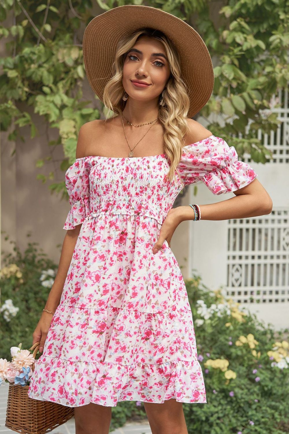 A stylish Printed Flounce Sleeve Smocked Dress featuring a floral pattern, square neckline, and puff sleeves, perfect for casual outings.