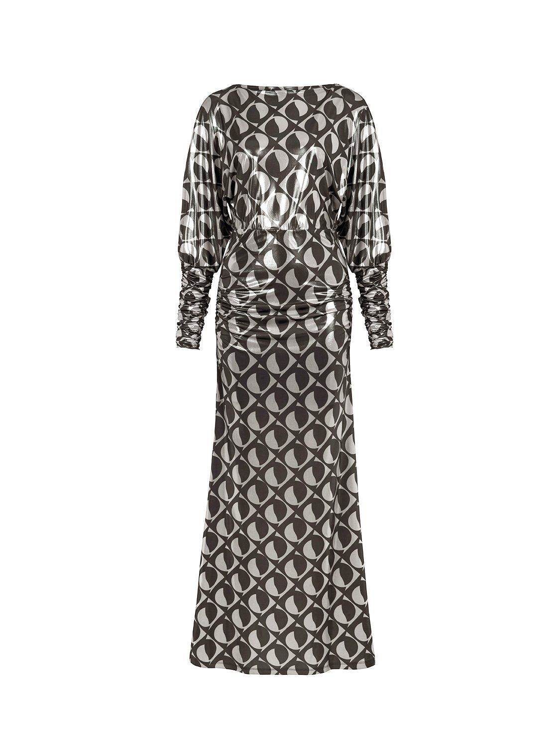 A stylish Printed Open Back Dress featuring a boat neck, long batwing sleeves, and a flowy back with a tie closure, showcasing a chic monochrome pattern.