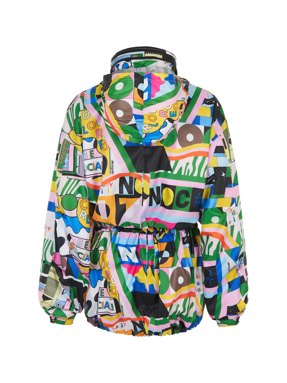 A stylish printed oversized raincoat with a high collar, hidden hood, and vibrant colors, perfect for rainy days.