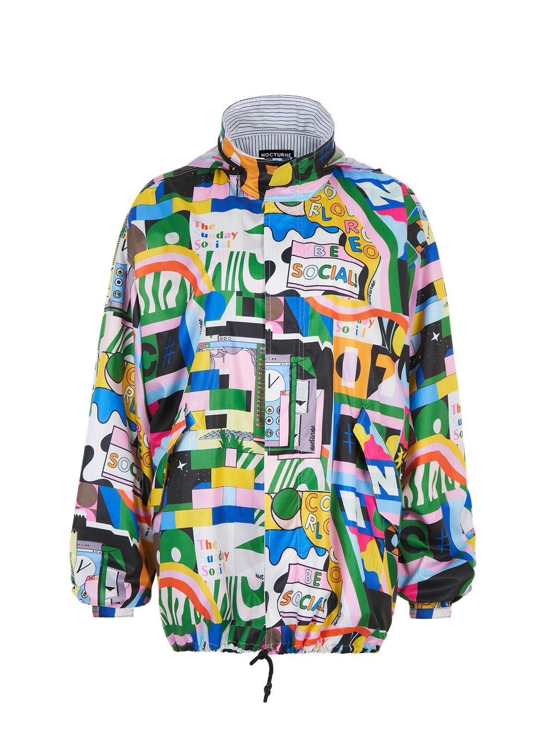 A stylish printed oversized raincoat with a high collar, hidden hood, and vibrant colors, perfect for rainy days.