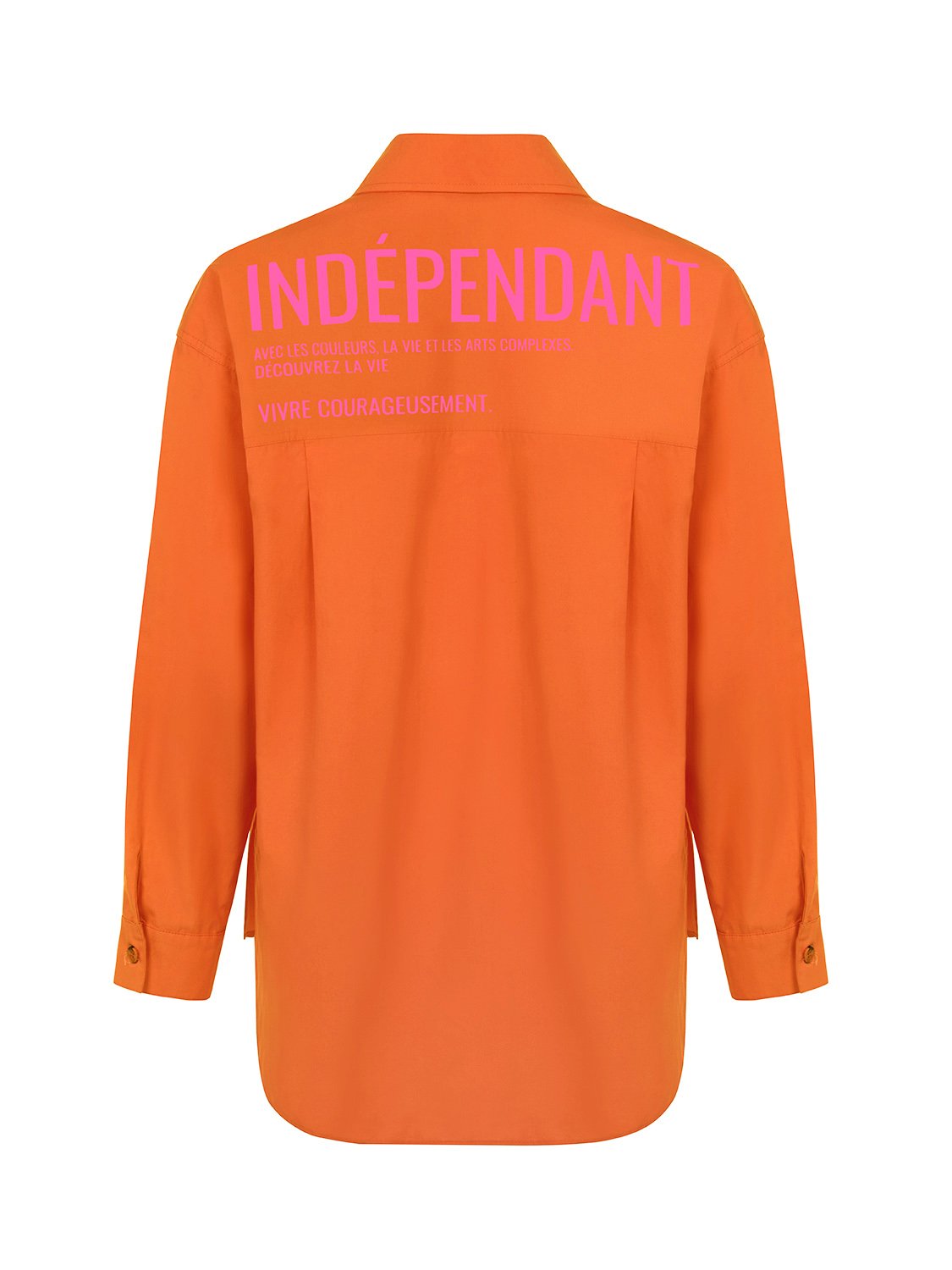 A vibrant Printed Oversized Shirt featuring orange, pink, and blue colors with long sleeves and a printed text detail on the back.