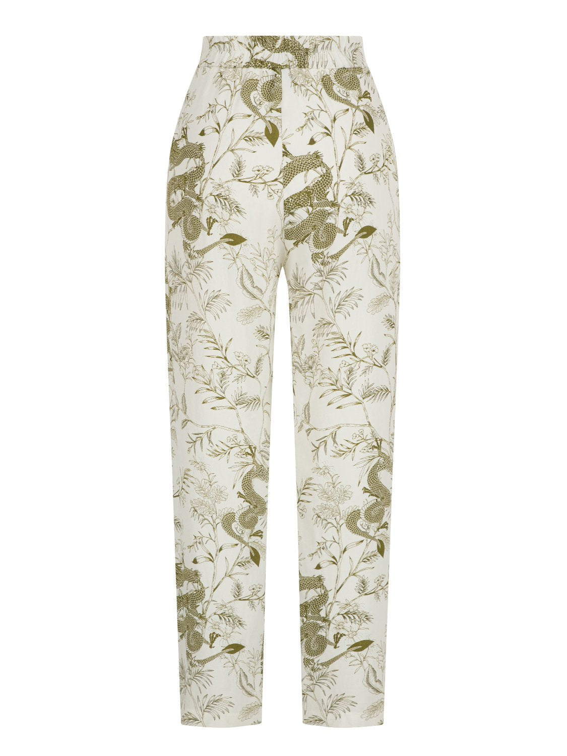 A pair of stylish printed ankle-length pants featuring side pockets and an elastic waistband, perfect for casual or dressy occasions.