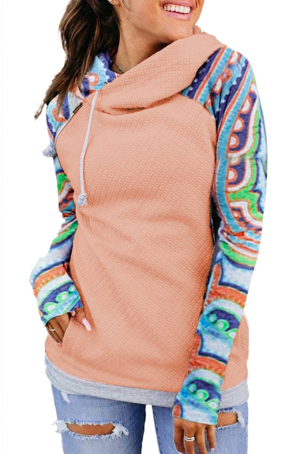 A stylish Printed Raglan Sleeve Waffle Hoodie featuring unique printed sleeves and a cozy pullover design, perfect for casual wear.