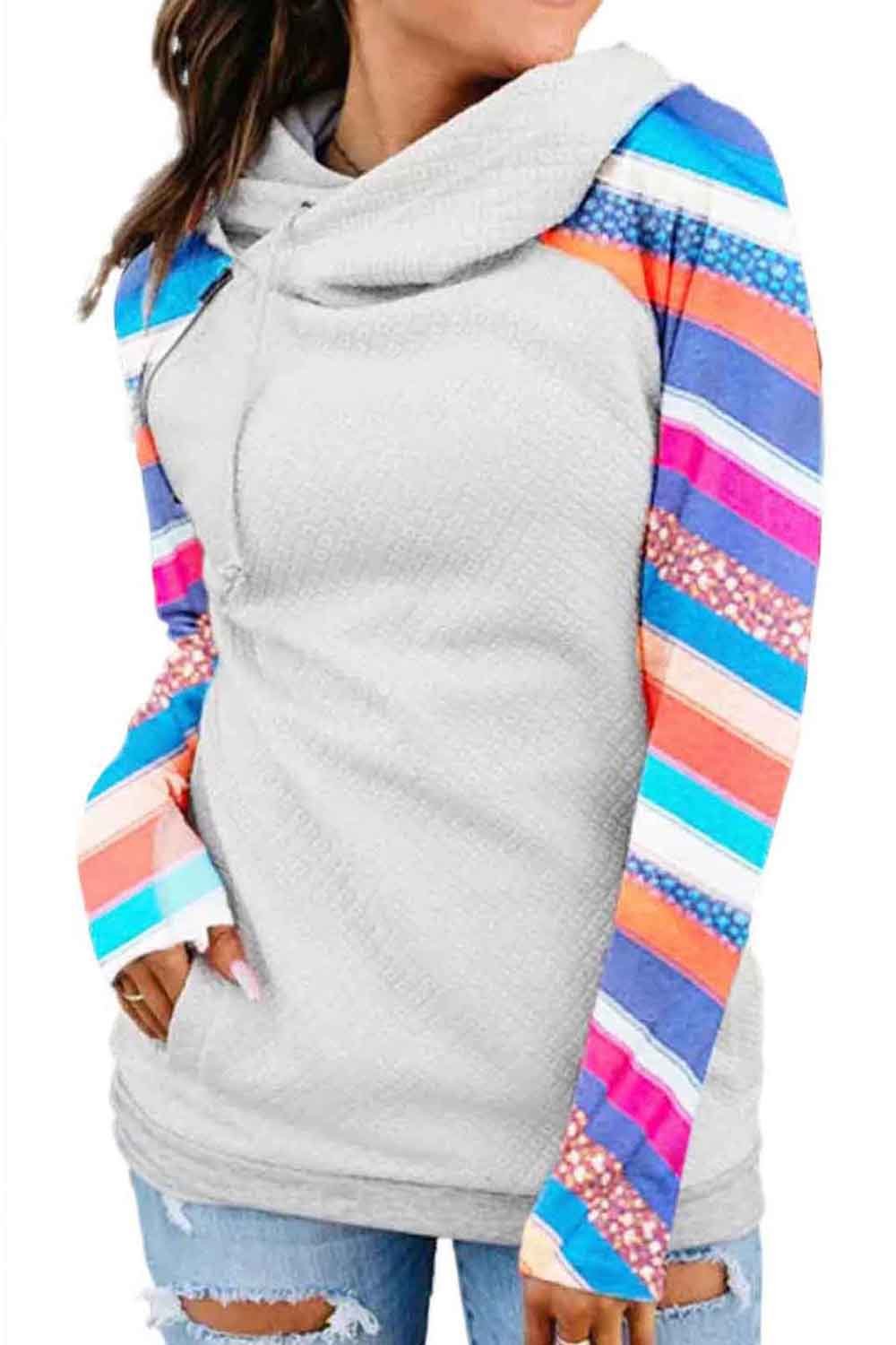 A stylish Printed Raglan Sleeve Waffle Hoodie featuring unique printed sleeves and a cozy pullover design, perfect for casual wear.