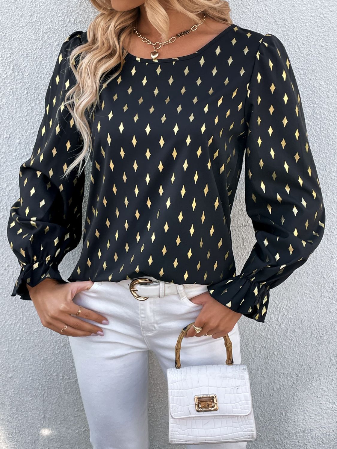 A stylish Printed Round Neck Flounce Sleeve Blouse featuring a vibrant print, round neckline, and long puff sleeves, perfect for casual wear.