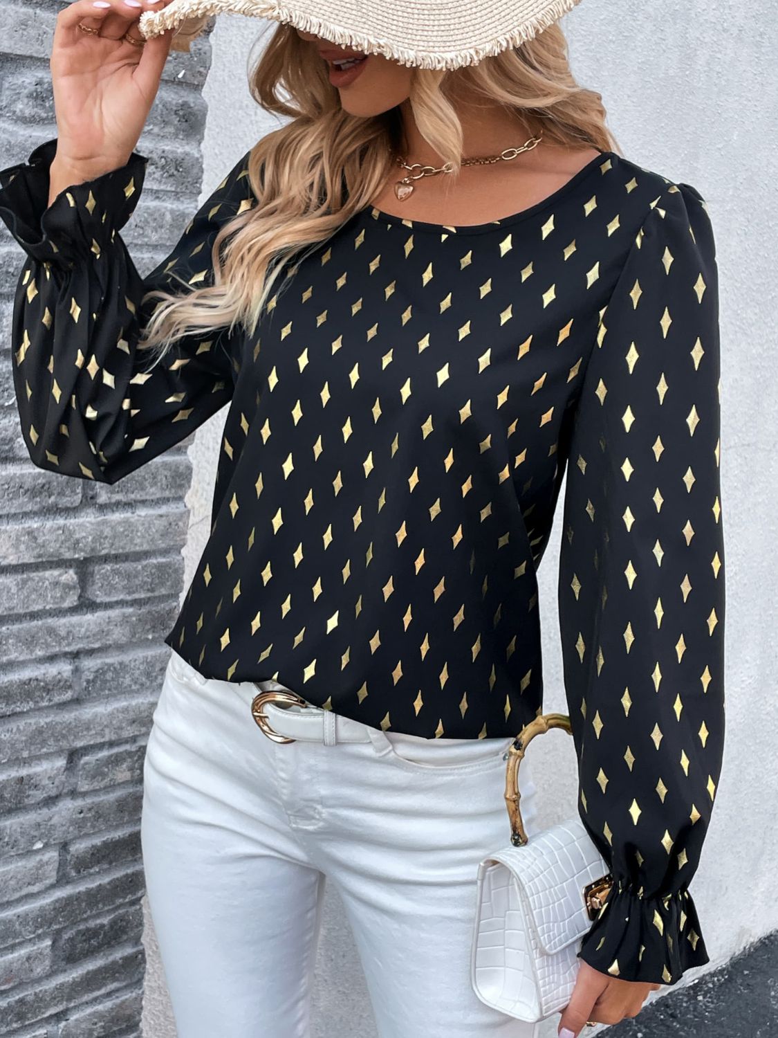 A stylish Printed Round Neck Flounce Sleeve Blouse featuring a vibrant print, round neckline, and long puff sleeves, perfect for casual wear.