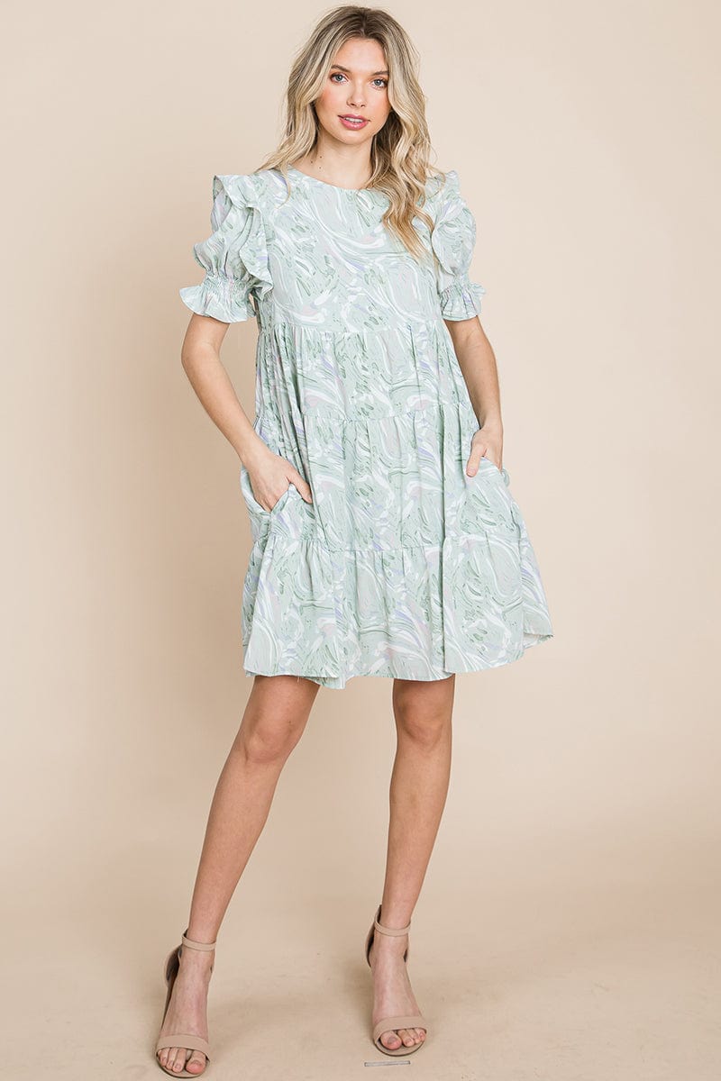 A stylish Printed Ruffle Short Sleeve Tiered Swing Dress featuring layered design, short puff sleeves, and vibrant abstract print with side pockets.