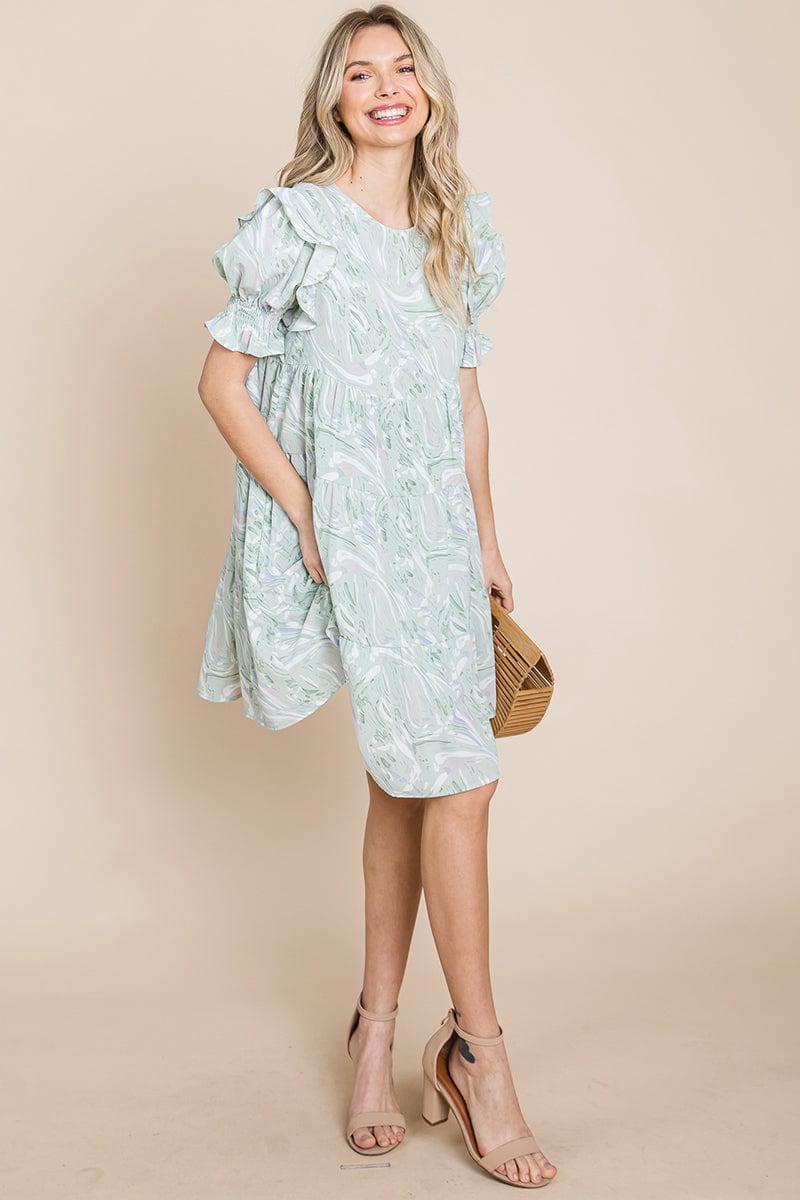 A stylish Printed Ruffle Short Sleeve Tiered Swing Dress featuring layered design, short puff sleeves, and vibrant abstract print with side pockets.