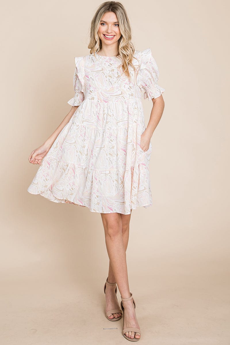 A stylish Printed Ruffle Short Sleeve Tiered Swing Dress featuring layered design, short puff sleeves, and vibrant abstract print with side pockets.