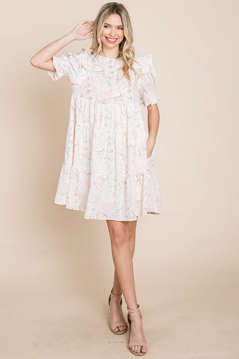 A stylish Printed Ruffle Short Sleeve Tiered Swing Dress featuring layered design, short puff sleeves, and vibrant abstract print with side pockets.