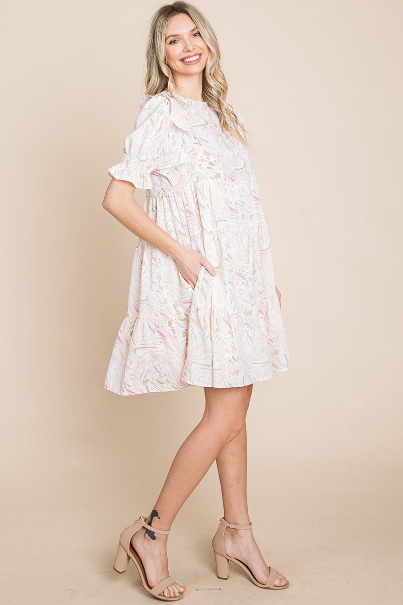 A stylish Printed Ruffle Short Sleeve Tiered Swing Dress featuring layered design, short puff sleeves, and vibrant abstract print with side pockets.