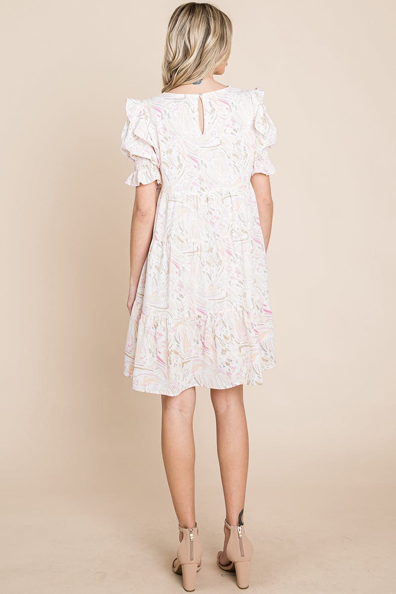 A stylish Printed Ruffle Short Sleeve Tiered Swing Dress featuring layered design, short puff sleeves, and vibrant abstract print with side pockets.