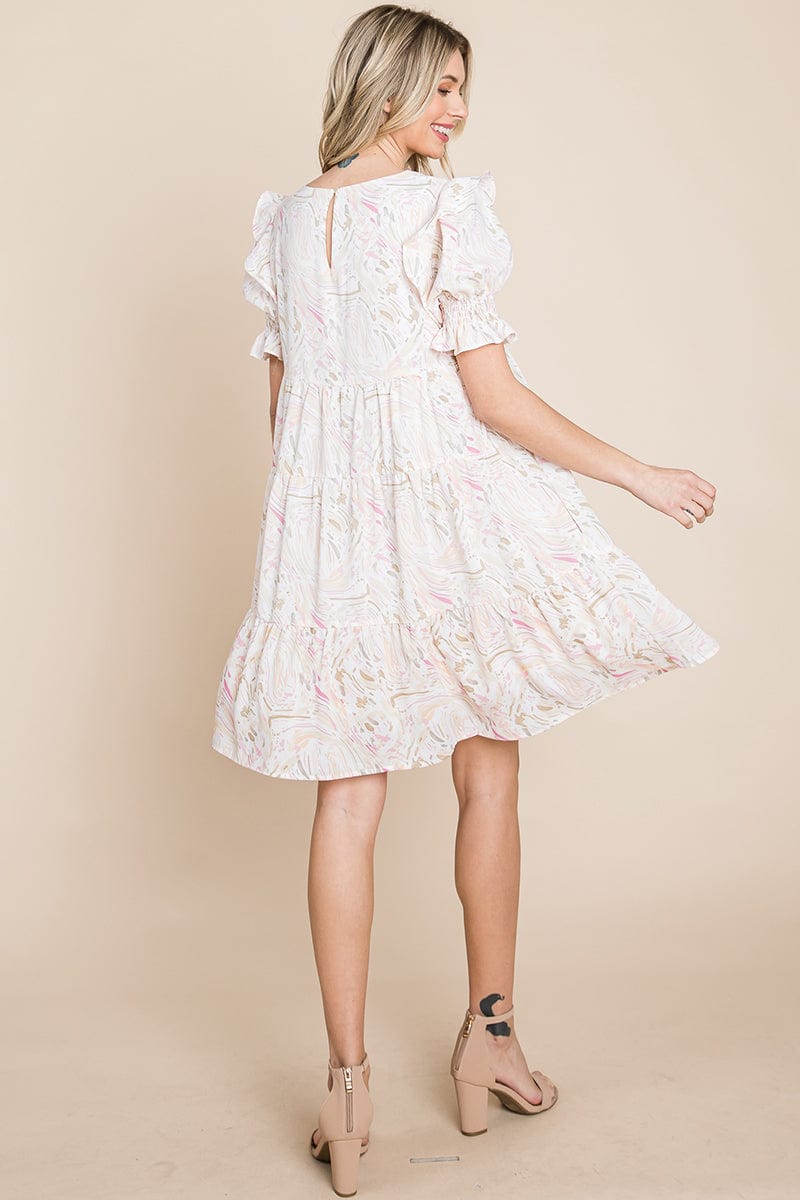 A stylish Printed Ruffle Short Sleeve Tiered Swing Dress featuring layered design, short puff sleeves, and vibrant abstract print with side pockets.