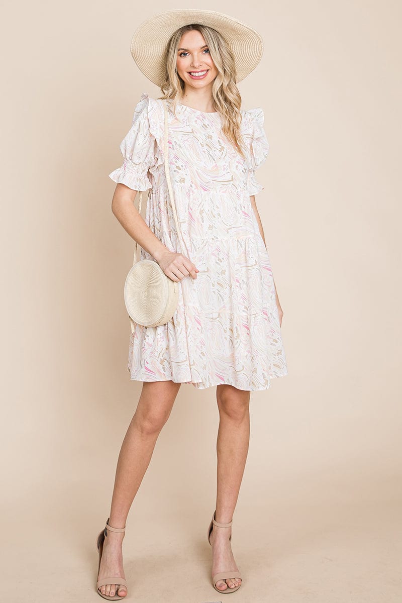 A stylish Printed Ruffle Short Sleeve Tiered Swing Dress featuring layered design, short puff sleeves, and vibrant abstract print with side pockets.