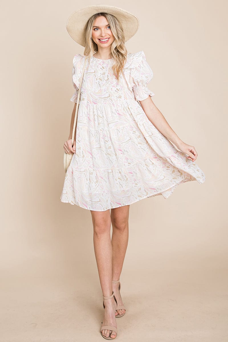 A stylish Printed Ruffle Short Sleeve Tiered Swing Dress featuring layered design, short puff sleeves, and vibrant abstract print with side pockets.