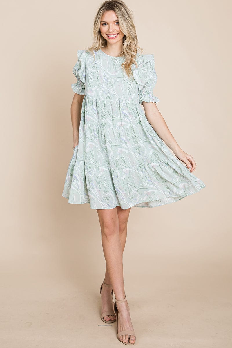 A stylish Printed Ruffle Short Sleeve Tiered Swing Dress featuring layered design, short puff sleeves, and vibrant abstract print with side pockets.