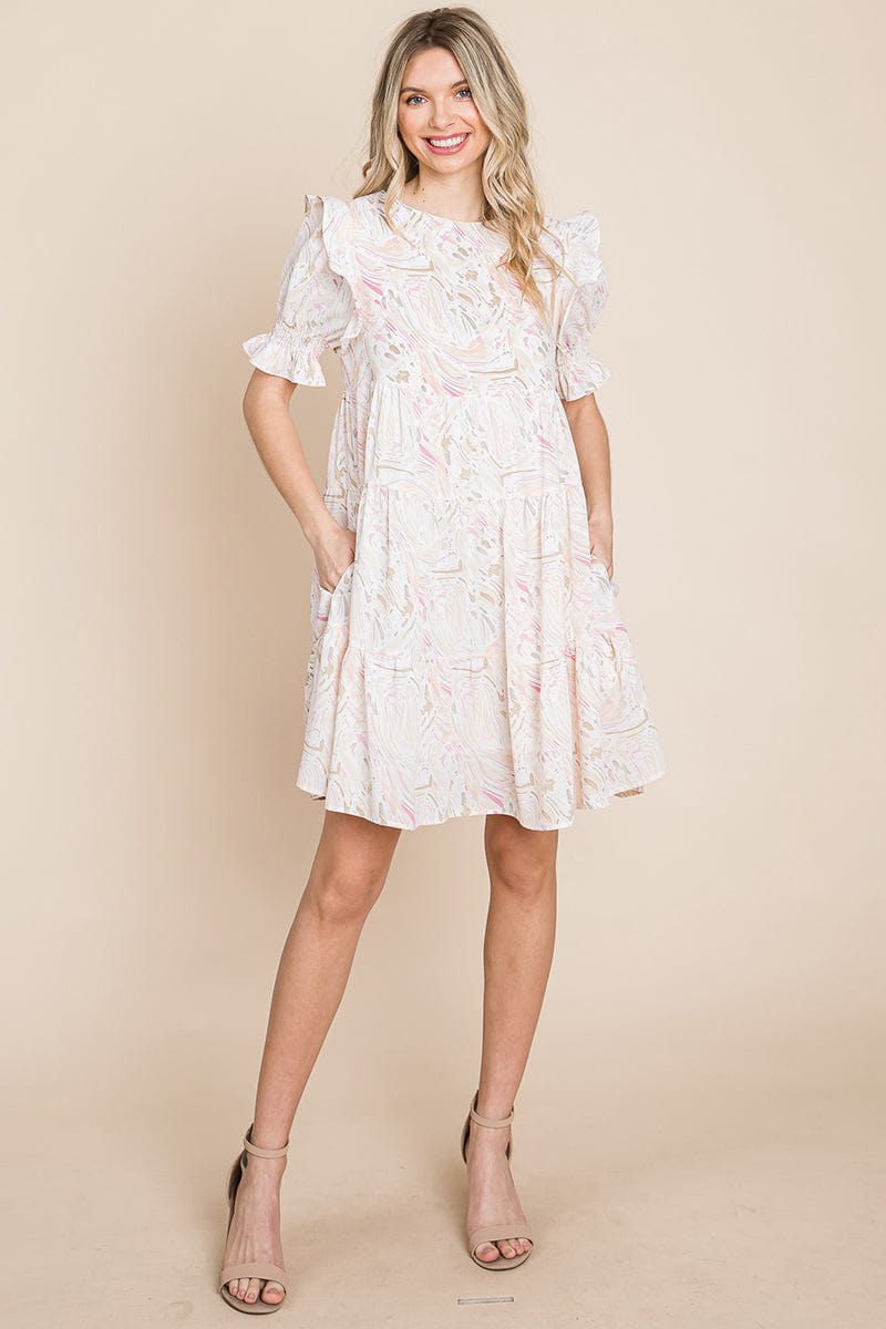 A stylish Printed Ruffle Short Sleeve Tiered Swing Dress featuring layered design, short puff sleeves, and vibrant abstract print with side pockets.