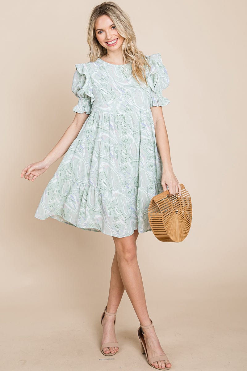 A stylish Printed Ruffle Short Sleeve Tiered Swing Dress featuring layered design, short puff sleeves, and vibrant abstract print with side pockets.